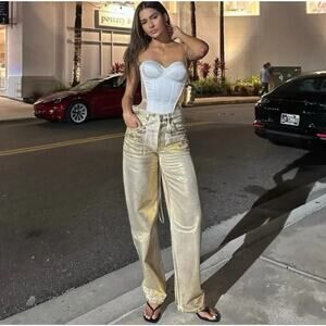 Zara Womens 6 Gold The Boy Fit Distressed Boho Mid Rise Cotton Denim Jeans NWT